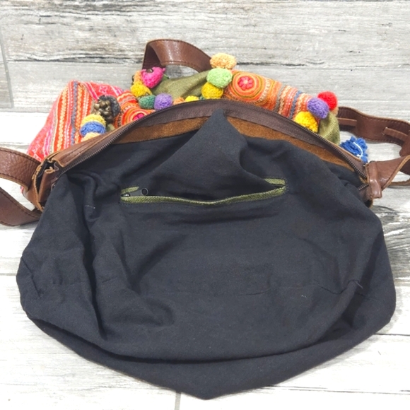 HANDMADE Boho/New Age Leather Linen Pom-Pom Bell Detail Crossbody Style Handbag - Picture 10 of 16